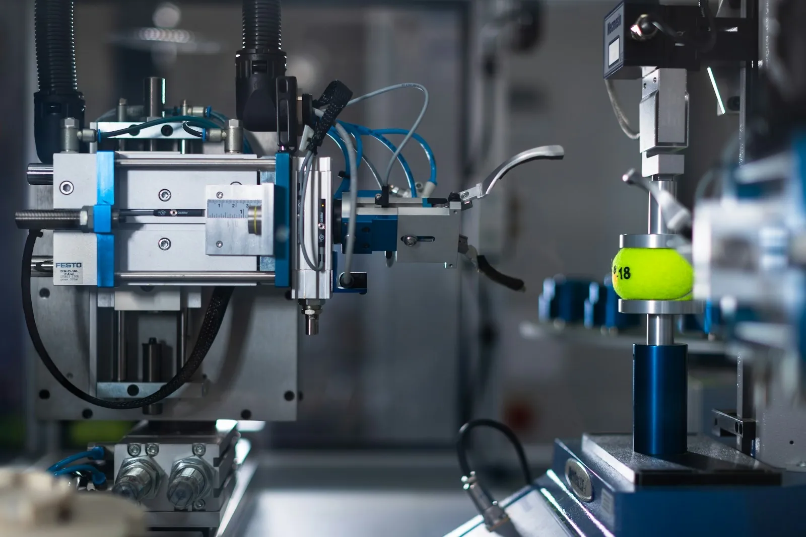 Automated pneumatic test rig with linear actuators and a gripper in a lab