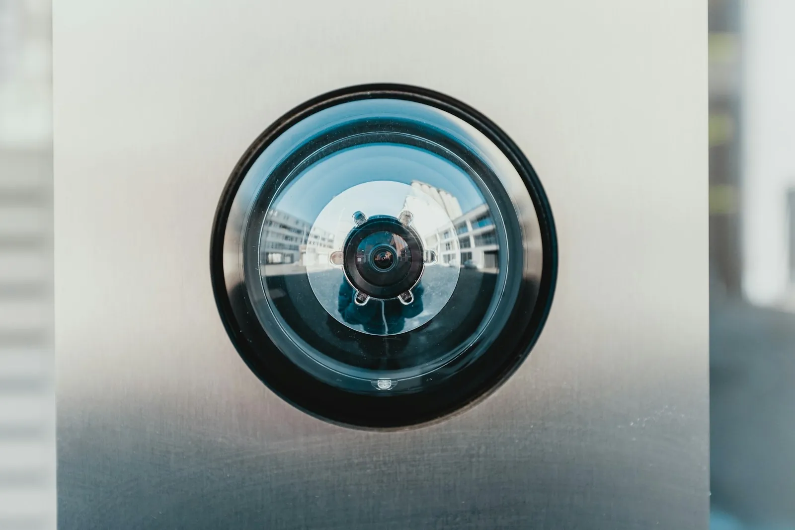 Close-up of a wide-angle camera lens mounted in a brushed metal housing